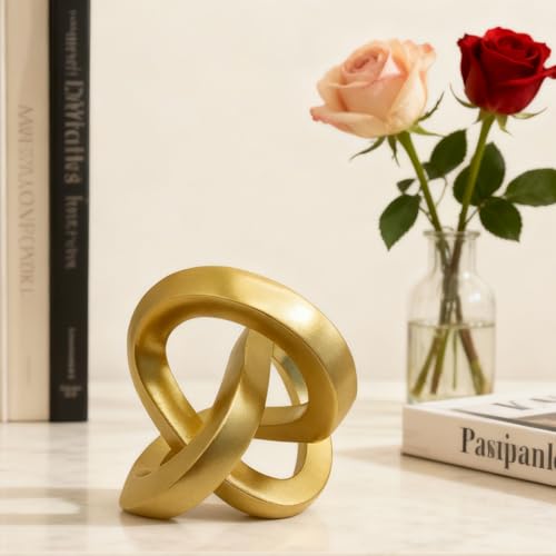 Gold Geometric Knot Sculpture - Resin Infinity Loop Decorative Statue for Coffee Table, Bookshelf Decor, Modern Home Accents - Small Tabletop Art Object