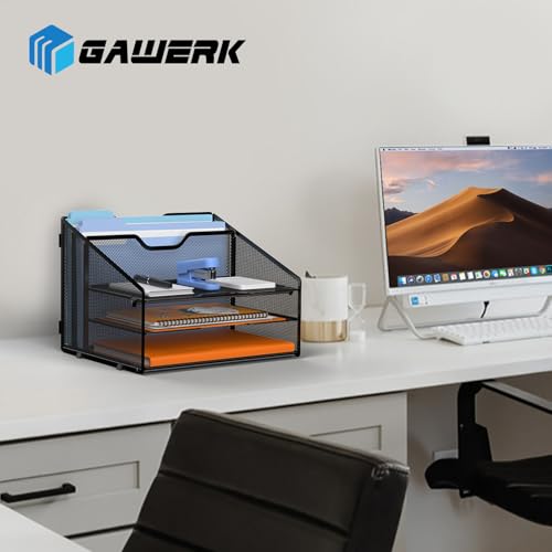 GAWERK Letter Tray Organizer, Mesh Desk File Organizer with 3 Paper Trays and 2 Vertical Upright Section (White) - color: White