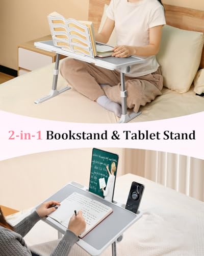 Laptop Desk for Bed, Adjustable Height and Angle Lap Desks for Adults, Laptop Desk with Bookstand for Bed Couch Floor Writing Working Reading Eating Painting, White