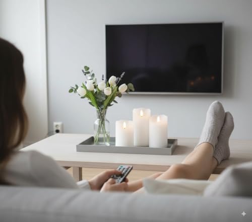 VENTA Set of 3 White Pillar Candles | Real Wax Battery Operated Flickering LED Candles with Remote | Timeless Decor for Farmhouse, Modern & Mantel Displays - color: White
