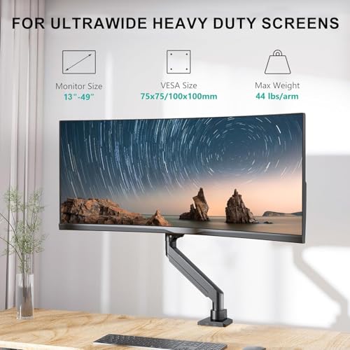 WALI Ultrawide Single Monitor Arm for 13-49 Inch Heavy Duty Curved Screens, up to 44 Lbs, Adjustable Single Monitor Desk Mount with C-Clamp, Grommet Base, 75/100mm VESA (GSM001XL), Black - size: 13"-49", style: Single Arm