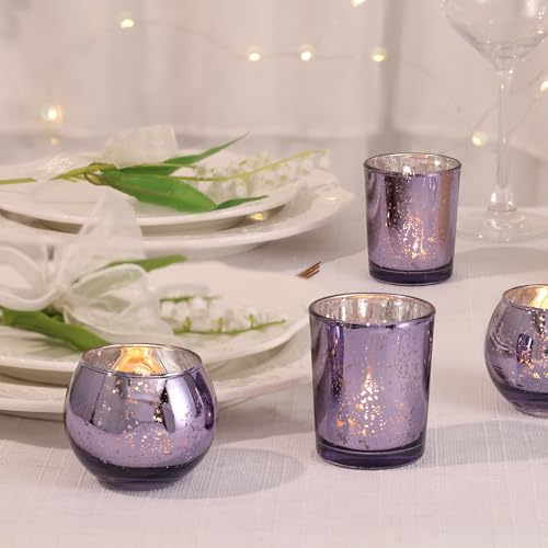DEVI 12 Pcs Assorsted Purple Votive Candle Holders for Tea Lights & Votives, Mercury Glass Candle Holder Bridal Shower Party Table Decorations, Wedding Table Decorations for Home Party, - color: Purple