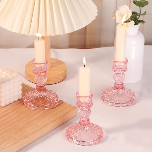 12Pcs Pink Candlestick Holders Set- 4" H Taper Candle Holders Bulk, Glass Candle Holders for Wedding, Party, Romantic Dinner Table Centerpieces, Festival Gifts & Windowsill Decor - color: Pink Dimond Pattern