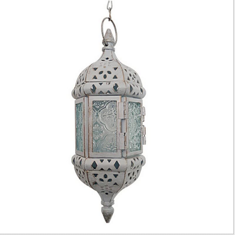 2PCS Moroccan Hanging Decorative Candle Lantern Holder Metal Tealight Candlestick Holder Glass Indoor Outdoor Candle Holder Courtyard Hanging Decoration (Vintage White) - color: Vintage White