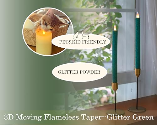 Flameless Taper Candles Flickering with Remote and Timer, 3D Moving Flame Taper Candle Battery Operated to 400 Hours, 9 Inch Window Candles, (Glitter Green) - color: Glitter Green