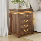 Nightstand with Hidden Compartment & Charging Station, Vintage Bedside Table with LED Lights, Night Stand with 4 Storage Drawers, Large Modern Nightstands Wood End Table for Living Room (Walnut)