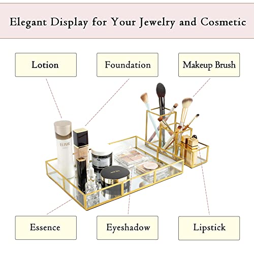 Gold Metal Frame and Glass Vanity Tray Set, Large Decorative Platform for Perfumes, Makeup Brushes, Jewelry Display, Office Stationery Holder, Sophisticated Design, 12.2x8.5x2.2 in - style: Tray-Holder