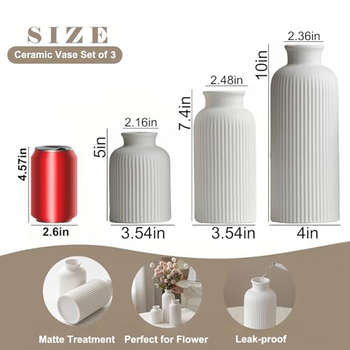 Large Modern Ceramic Vase Set, White Ribbed Matte Design, 10 Inch Tall, 4 Inch Width, 3-Piece Decorative Vases for Home, Living Room, Office (XL Matte Glaze White) - color: XL Matte Glaze White