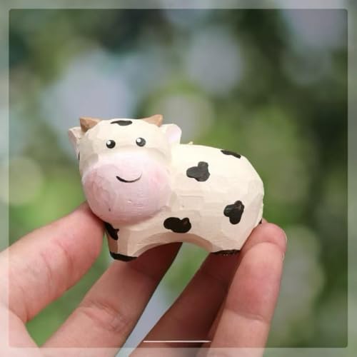 Small Wooden Milk Cow Figurines Craft, Hand-Carved Painted Milk Cow Figurine with Base, Cute Desktop Decor, Wooden Animal Statue Art Collectibles，Unique Gift for Animal Lovers - color: Milk Cow