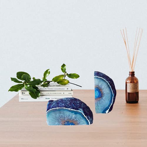 Natural Agate Bookends Pair - Vibrant Dyed Blue Geode Design, 2-3 lbs Heavy Duty Non-Slip Crystal Bookends for Shelves | Home Office Decor - color: Blue, size: 2-3LBS