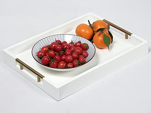 Serving Tray with Polished Metal Handles, 16.5''x12'' Rectangle Coffee Table Tray, Modern Decorative Tray, Large Ottoman Tray, Perfect for Storage and Display (White) - color: White