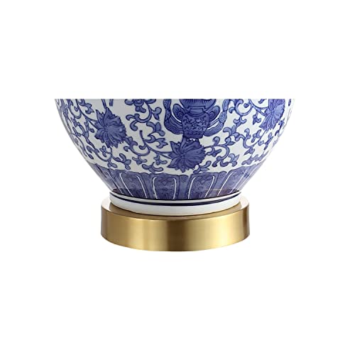 JONATHAN Y 25.25" Blue/White Ceramic Ginger Jar Table Lamp Set of 2, Traditional Brass Gold Base for Living Room Bedroom, White Linen Drum Shade, LED Bulbs Included JYL1072A-SET2
