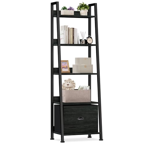 Furologee 5-Tier Ladder Shelf, Narrow Ladder Bookshelf with Drawer, 55.6”Tall Industrial Bookcase Storage Rack Organizer, Freestanding Storage Shelve for Living Room, Home Office, Bedroom, Black Oak - color: Black Oak, size: 5-Tier, 15" W