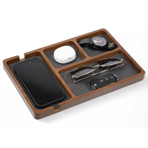 Valet Tray for Men, Black Sandalwood Catch All Tray, Wallet Trays Organizer for Nightstand, Desk, Elegant EDC Valet Trays for Keys, Watch, Phone, Jewelry
