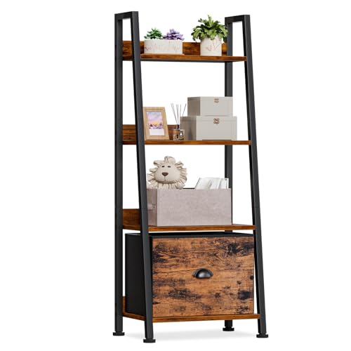 Furologee 4-Tier Ladder Shelf, Ladder Bookshelf with Removable Drawer, Rustic Bookcase Storage Rack Organizer, Wood Metal Freestanding Storage Shelves for Living Room, Home Office, Bedroom, Kitchen - color: Rustic Brown, size: 4-Tier, 15" W