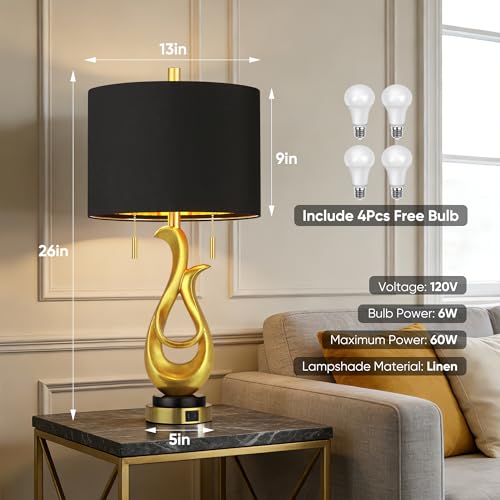 Modern Luxury Table Lamps, Gold Sculptural Bedside Lamps, Gold Leaf Finish Nightstand Lamps, 26'' Table Lamp with S Cluster Pull Chain Switch for Bedroom, Desk Lamp with USB Ports, 4 Bulbs Included