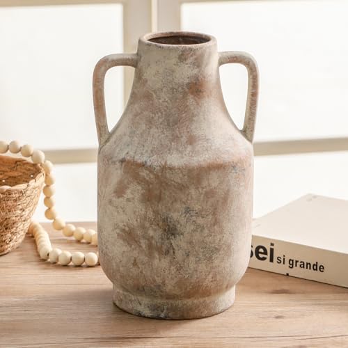 Mitt&Ditt Ceramic Flower Vase with Handles, 11 inch Tall Vase for Centerpieces, Large Decorative Terracotta Vases, Farmhouse Rustic Vases for Home Decor, Living Room, Table, Neutral - color: A-11"h-terracotta