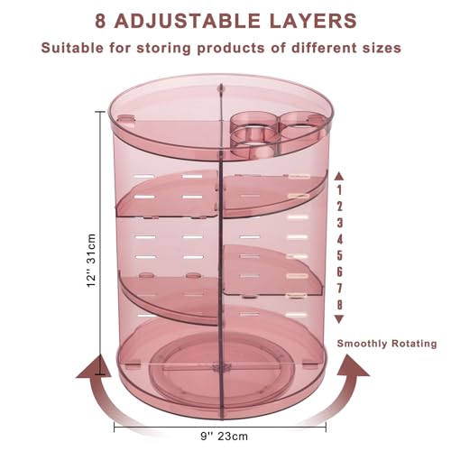 Rotating Makeup Organizer, DIY 8 Adjustable Layers 360 Spinning Skincare Organizers, Makeup Storage Carousel Tower with Brush Holder & Perfume Trays, Cosmetic Display Case for Vanity Bathroom - color: Clear Pink