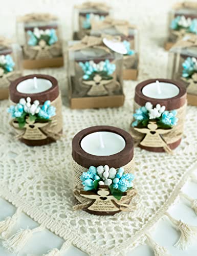 Ju's Favors Wooden Candle Holders Set of 10 for Baptism Favors for Guests, Christening Party Favors. (Dark brown - blue) - color: Dark Brown - Blue