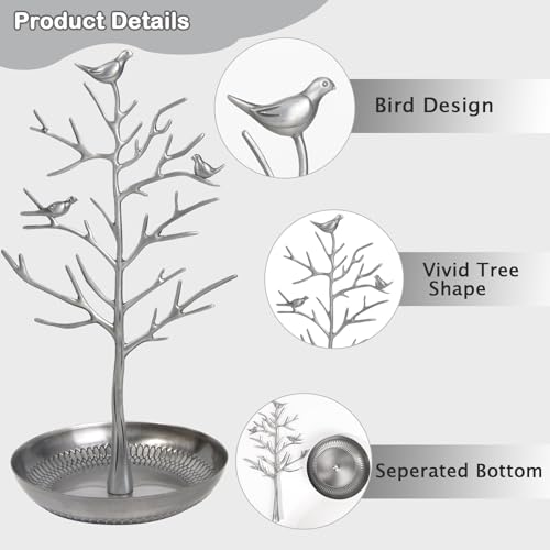 ChezMax Jewelry Display Necklace Earring Organizer Holder Metal Birds Tree Stand with Tray Antique Bracelet Rings Rack Tower Decoration for Women Girl silver 11.8 Inch - color: B-Metal silver