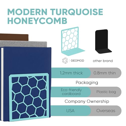 GEOMOD Geometric Honeycomb Turquoise Metal Bookends Decorative - Tall Sturdy Book Ends for Shelves - Modern Heavy Duty Bookend Stopper - Office Shelf Book Holder - 6x3.25x6.25 Inches - 1 Pair - color: Turquoise, size: 1 Pair, style: Honeycomb