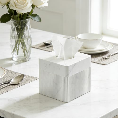 White Tissue Box Cover Square Resin Tissue Holder for Home Decor, Hand Poured Marble Ribbed Cube Tissue Box Holder – 5.5 Inch Heavy Duty Luxury Tissue Box Case for Bathroom, Living Room, Office - color: A-white