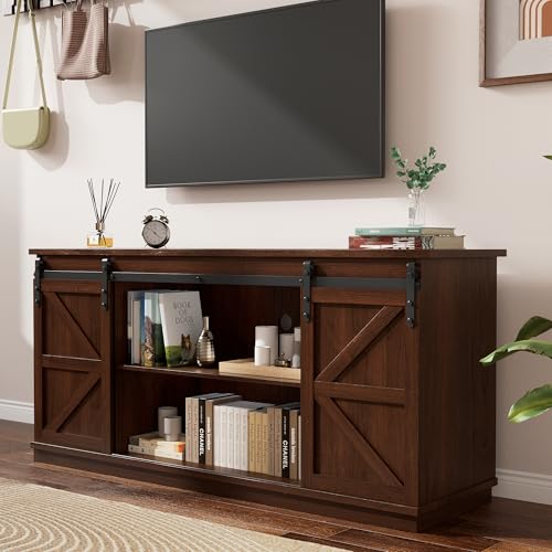 YESHOMY TV Stand for Televisions up to 65 Inches, with Sliding Barn Doors and Storage Cabinets, Console Table and Media Furniture for Living Room, 58 Inch, Espresso - color: Espresso, style: Sliding Barn Doors TV Stand