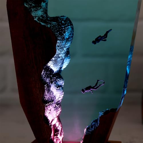 Drawelry Ocean Creative Epoxy Resin Wood Light Lamp, Handmade Multi Color Aquatic Ocean Lamp Deep Sea Diver Cave Diving Enthusiasts Led Night Light Desktop Decor Christmas Birthday Gift (Diving, S) - color: Diving