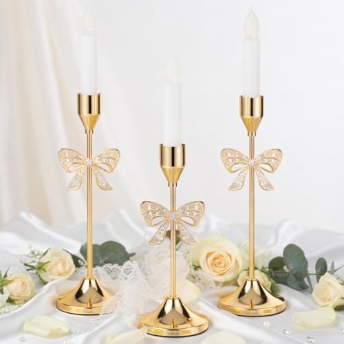 Ceenna 3 Pcs Gold Bow Taper Candle Holders, 3 Size Gold Bowknot Candlestick Holders, Candle Holder Vintage Decorative for Table Centerpiece Mantel Decor Holiday Housewarming Gifts - style: Bowknot