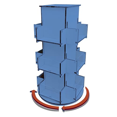 Rotating Display Stand, 3 Tier Wooden Organizer, 4-Sided Display Rack, 360 degree Spinning Multi-Pocket Tabletop Display Stand for Coasters, Stickers, Retail, Showcase, Tradeshow, 17”H, Blue - style: BLUE
