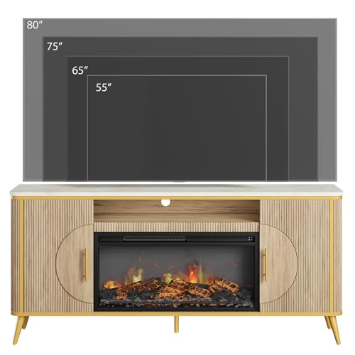 Fluted Fireplace TV Stand Up to 80" TVs, Modern Entertainment Center with 30" Electric Fireplace, Luxury Media Console with Adjustable Shelves for Living Room, Nature Oak - color: Nature Oak