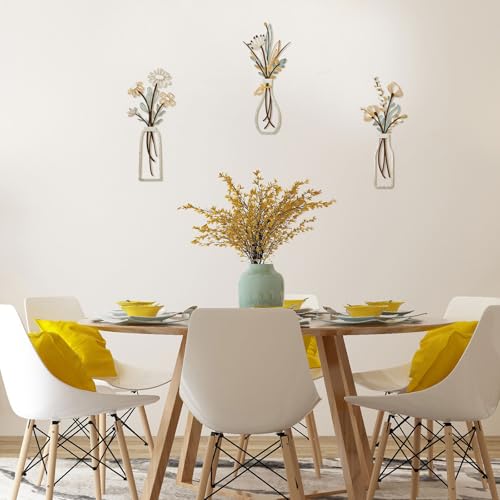 Pigort 3 Pieces Metal Flowers Wall Art- Rustic Farmhouse Decor Minimalist Decor for Living Room Bathroom Bedroom Dining Room, Housewarming Gifts Christmas Decoration(Beige, Vase-C) - color: Beige Gold