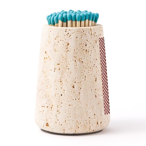 WORHE Travertine Match Holder with Striker & Extra Striker Pad - 2.9" x 3.9" Large Decorative Matchstick Organizer for Fireplace, Candles, Parlor Match Jar for Home Decor Gift, Matches Not Included - size: Large 2.9" x 3.9"