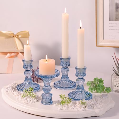 DARJEN 12PCS Blue Candlestick Holders Set- 4" H Taper Candle Holders, Glass Candle Holders Bulk for Wedding, Party, Home Table Centerpieces, Festival Gifts & Windowsill Decor - color: Blue Striped Pattern