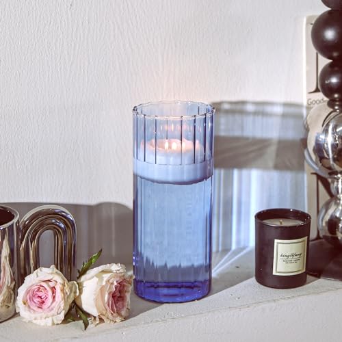ComSaf Glass Cylinder Vases, Bud Vase for Centerpieces, 8 Inch Tall Ribbed Vase Hurricane Floating Candle Holder, Decorative Flower Vases for Wedding Reception, Home Decor, Housewarming Gift (Blue) - color: Blue