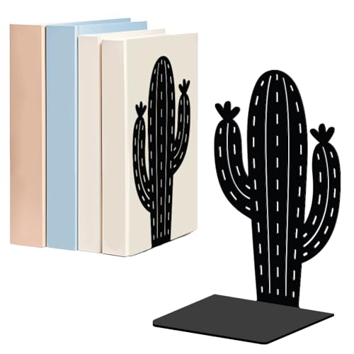 WADORN Cactus Metal Bookends for Shelves Decorative 1 Pair, Cactus Plant Heavy Duty Books End Support Non-Skid Book Holder Black L-Shaped Book Stopper for Home Office Desk Book Divider, 4.7x3.5x7 Inch - color: Cactus