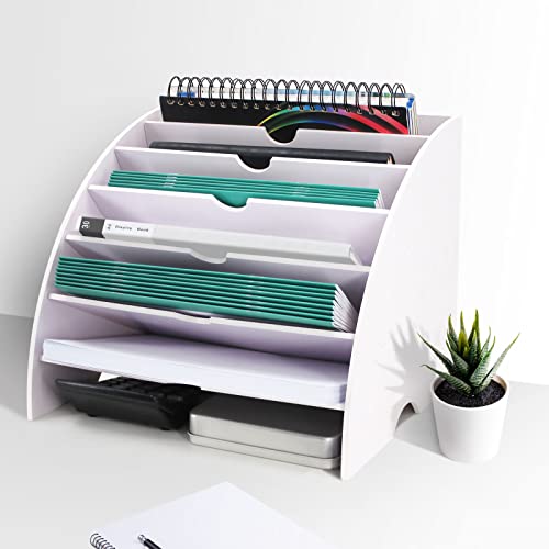 SONGWAY Fan Shaped Desk File Organizer - 6 Compartments File Holder for Desktop, Magazine Rack, Mail Holder, File Sorter, Paper Organizer for Home Office Classroom, White - size: 6 Compartment Fan Shape