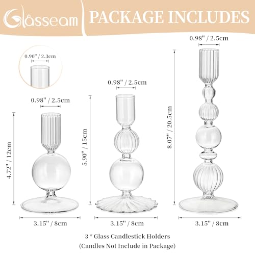 Glasseam Glass Candle Stick Holder: Clear Taper Candle Holders Set of 3 Modern Candlestick Holders for Taper Candles Decorative Candle Holders for Table Centerpiece Wedding Party Christmas Decorations - color: Clear