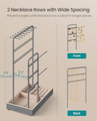 SONGMICS Necklace Holder, Jewelry Stand Holder Organizer, Jewelry Display with Metal Frame, Velvet Tray, Earring Bracelet Holder, for Gift Idea, 4.5 x 7.7 x 12.1 inch, Dove Gray UJJS021G01 - color: Dove Gray, size: 4.5"D x 7.7"W x 12.1"H