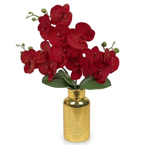 Red Orchids Artificial Flowers Faux Orchid Arrangement with Gold Glass Vase Real Touch Velvet Phalaenopsis Orchid Flowers Orchids Centerpiece for Dining Room Table - color: Red # Gold