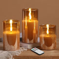 Eywamage Gold Glass Flameless Pillar Candles with Remote, Flickering Christmas LED Candles Battery Operated Set of 3 - color: Gold