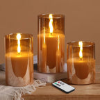 Eywamage Gold Glass Flameless Pillar Candles with Remote, Flickering Christmas LED Candles Battery Operated Set of 3 - color: Gold
