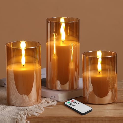 Eywamage Gold Glass Flameless Pillar Candles with Remote, Flickering Christmas LED Candles Battery Operated Set of 3 - color: Gold