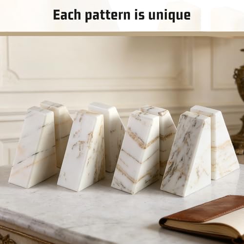 Karibiber Marble Bookends for Heavy Books, Calacatta Decorative Book Ends for Shelves, Unique and Heavy Bookends for Hardback Book & Cookbooks, Stone Book Stopper, Modern Book Holder,Set of 2 - color: Glden&white