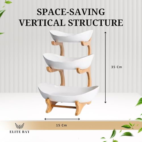 3-Tier Ceramic Fruit Bowl With Stand – Bamboo Countertop Large White Trays | Space-Saving Tiered Fruit Holder for Kitchen & Home Décor | Compact 15×35cm Design with Modern Aesthetic