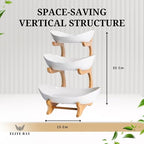 3-Tier Ceramic Fruit Bowl With Stand – Bamboo Countertop Large White Trays | Space-Saving Tiered Fruit Holder for Kitchen & Home Décor | Compact 15×35cm Design with Modern Aesthetic