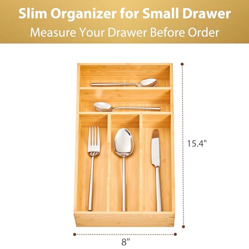 Umilife Bamboo Kitchen Drawer Organizer, 8 Inch Silverware Utensils Tray Holder for Small Drawer, Wood Caddy for Flatware Cutlery Knives - size: 8 x 15.5 inch (5 Slots)