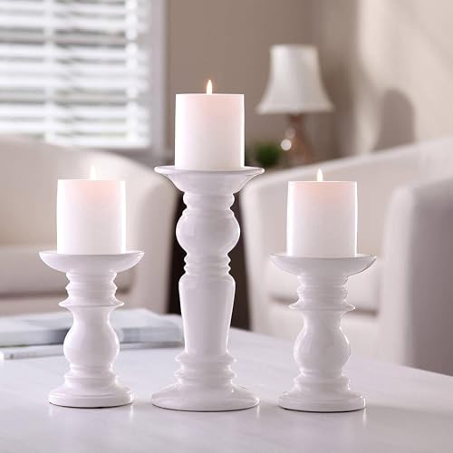 Hosley Set of 3 Ceramic White Pillar Candle Holders Two 6 inch and One 9.5 inch High Ideal for LED and Pillar Candles Gifts for Wedding Party Home Spa Aromatherapy Votive Candle Gardens - color: 1-white