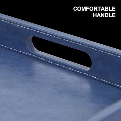30x24 inches Rectangle Leather Ottoman Serving Tray with Hole Handles, Extra Large Modern Service Tray for Living Room, Coffee Table, Bed, Tea, Food, Countertop, Kitchen, Dinner, Picnic (Blue) - color: Blue, size: 30" x 24" x 2"
