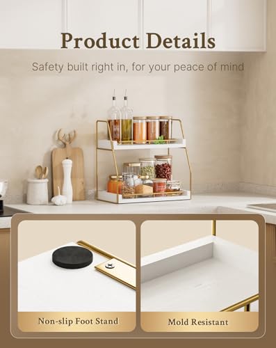 Mustry Bathroom Countertop Organizer, 2-Tier Makeup Organizer for Vanity, Wooden Shelf with Gold Metal Frame for Skincare, Perfume & Decor (White&Gold)